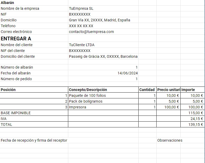 Ejemplo albarán 1: Venta online con pago inmediato